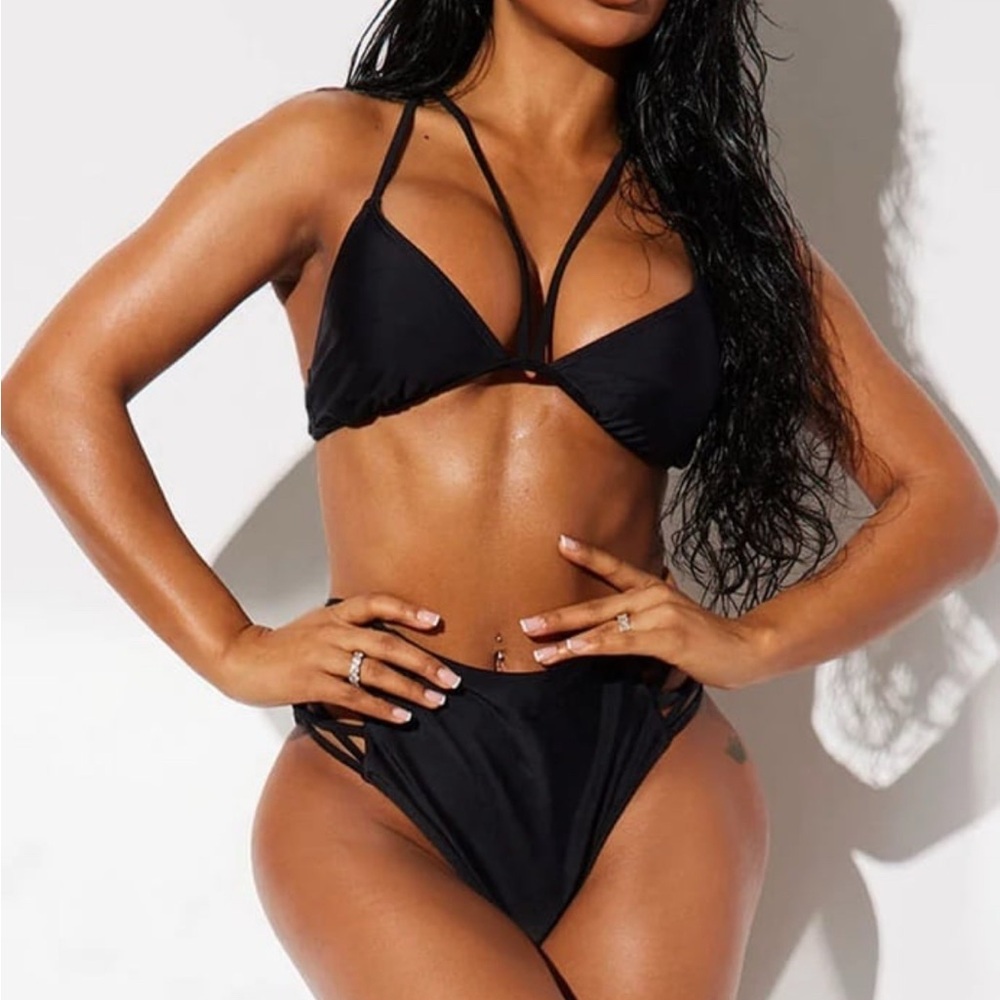 Sleek Black High-Waisted Bikini with Cutout Detailing